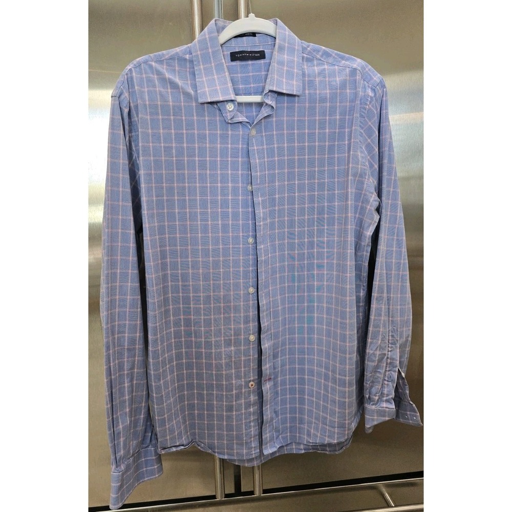 Tommy Hilfiger Men's Slim Fit Stretch Shirt Blue Pink Plaid SZ 16 1/2 34/35